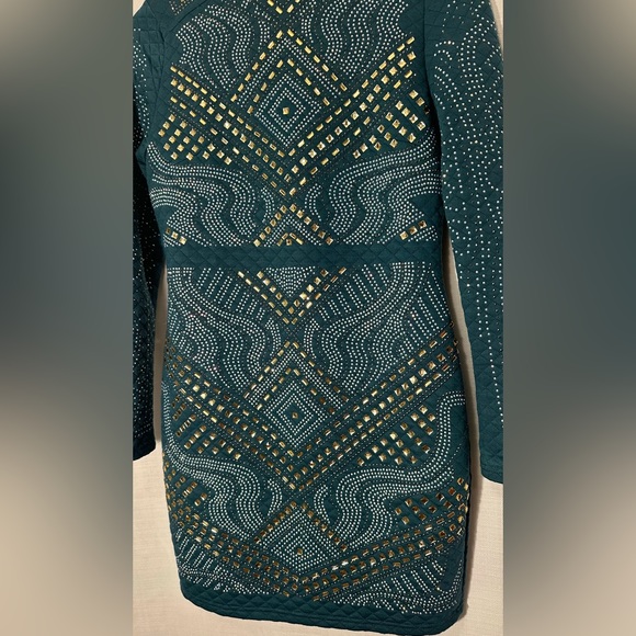 XTaren Teal Green Long Sleeve Quilted Dress Gold and Silver Stones Size Large - Picture 5 of 16